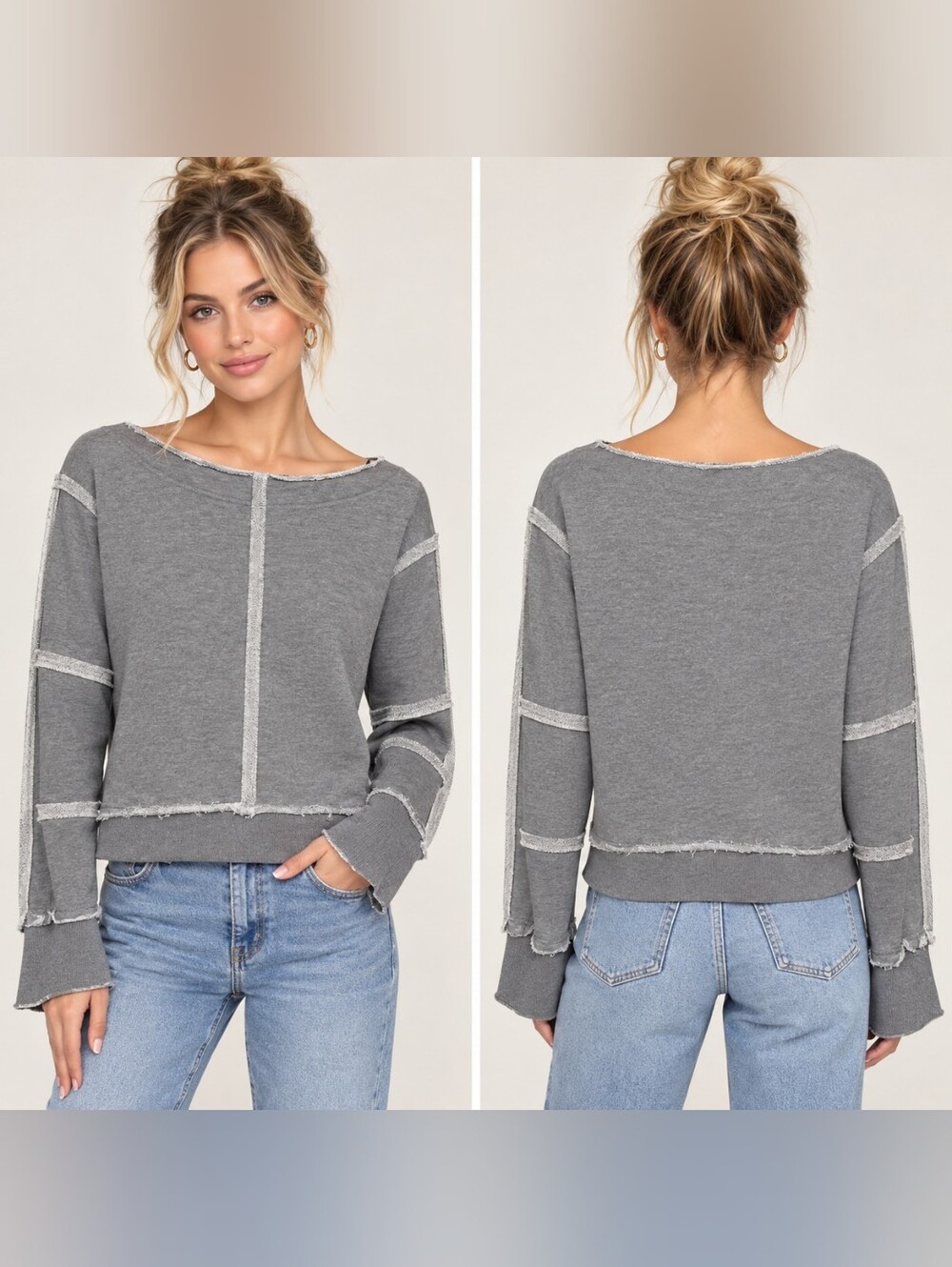 Davi & Dani Gray Maddy Accent Stitch Cropped Sweatshirt Raw Hem